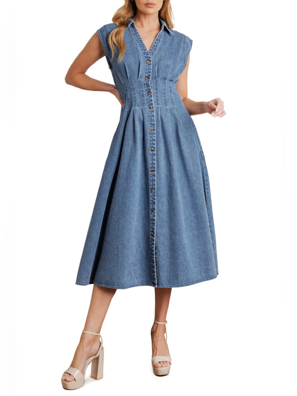 47. Flying Tomato • NWOT Sleeveless Button-Front Denim Midi Dress - Light Blue